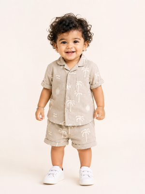 Boys Beige Printed Short Sleeved Soft Cotton Clothing Set BloomUp