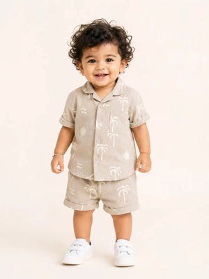BloomUp Beige Tropical Print Shirt & Shorts Co-ord Set for Boys – Soft Cotton Casual Summer Outfit