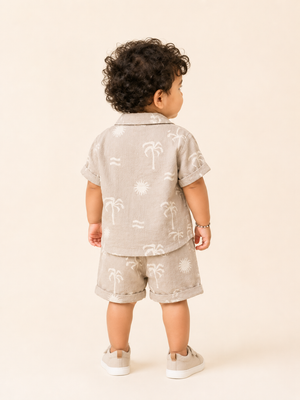 Boys Beige Printed Short Sleeved Soft Cotton Clothing Set BloomUp