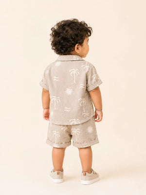 BloomUp Beige Tropical Print Shirt & Shorts Co-ord Set for Boys – Soft Cotton Casual Summer Outfit