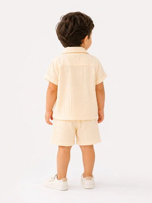 BloomUp Cream Muslin 3-Piece Shirt, T-Shirt & Shorts Set for Boys – Soft Cotton Summer Outfit