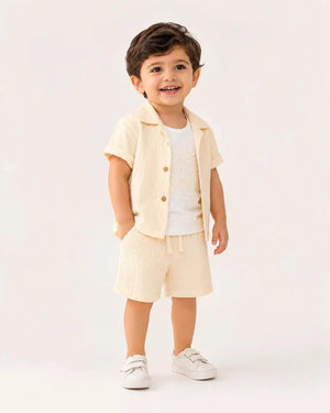 BloomUp Cream Muslin 3-Piece Shirt, T-Shirt & Shorts Set for Boys – Soft Cotton Summer Outfit