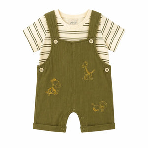 Baby Olive Green Dungaree Romper Set with Striped T-Shirt BloomUp
