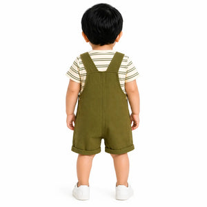 Baby Olive Green Dungaree Romper Set with Striped T-Shirt BloomUp