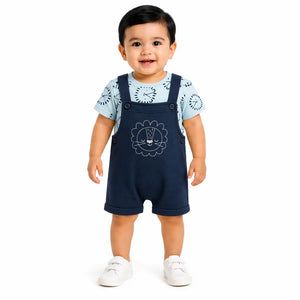 Baby Navy Blue Dungaree Romper Set with Printed T-Shirt BloomUp