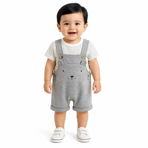 Baby Grey Bear Dungaree Romper Set with Striped T-Shirt BloomUp