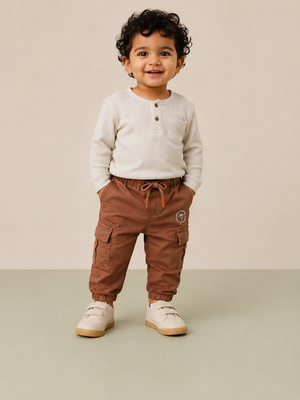 Kids Rust Brown Cargo Jogger Pants with Elastic Waist BloomUp
