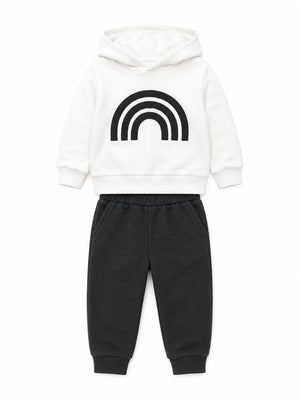 BloomUp White & Charcoal Rainbow Hooded Co-ord Set for Baby Boys – Soft Hoodie & Jogger Pants Set