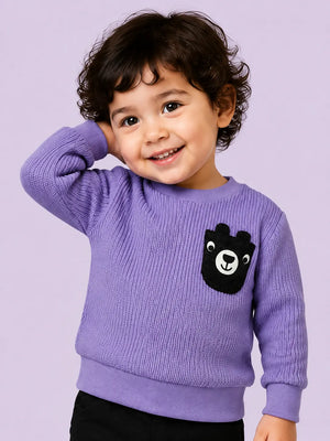BloomUp Purple Textured Knit Bear Patch Sweatshirt for Kids – Cozy Winter Pullover for Boys & Girls