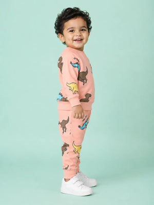 BloomUp Peach Dino Style Sweatshirt & Jogger Set for Kids – Soft Fleece Winter Co-ord Outfit