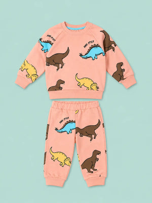 BloomUp Peach Dino Style Sweatshirt & Jogger Set for Kids – Soft Fleece Winter Co-ord Outfit