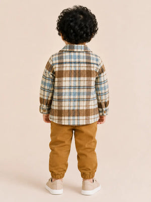 BloomUp Brown Plaid Check Shirt Jacket & Mustard Corduroy Jogger Set for Kids – Soft Winter Co-ord Outfit for Boys & Girls