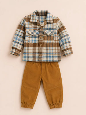 BloomUp Brown Plaid Check Shirt Jacket & Mustard Corduroy Jogger Set for Kids – Soft Winter Co-ord Outfit for Boys & Girls