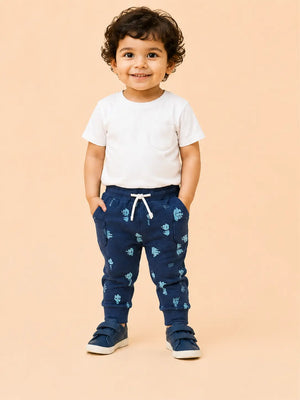 BloomUp Navy Blue Space Print Jogger Pants for Baby Boys – Soft Cotton Casual Bottomwear