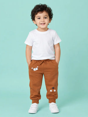 BloomUp Rust Brown Graphic Jogger Pants for Baby Boys – Soft Cotton Winter Track Pants