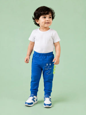 BloomUp Royal Blue Dinosaur Graphic Jogger Pants for Baby Boys – Soft Cotton Casual Bottomwear