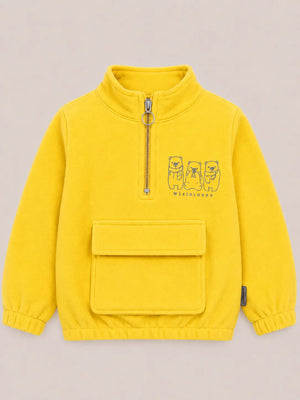 BloomUp Yellow Bear Graphic Half-Zip Sweatshirt for Kids – Soft Textured Winter Wear Pullover with Front Pocket