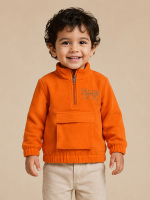 BloomUp Orange Fleece Half-Zip Sweatshirt for Baby Boys – Soft Winter Pullover with Utility Pocket