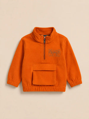 BloomUp Orange Fleece Half-Zip Sweatshirt for Baby Boys – Soft Winter Pullover with Utility Pocket
