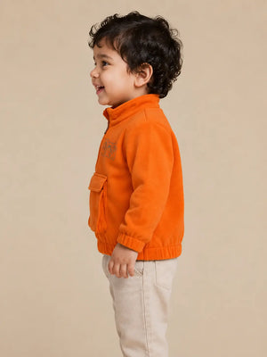 BloomUp Orange Fleece Half-Zip Sweatshirt for Baby Boys – Soft Winter Pullover with Utility Pocket