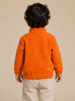 BloomUp Orange Fleece Half-Zip Sweatshirt for Baby Boys – Soft Winter Pullover with Utility Pocket
