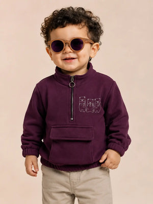 BloomUp Deep Plum Half-Zip Fleece Hoodie for Kids – Soft Winter Sweatshirt with Kangaroo Pocket Cozy Casual Wear