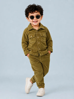 BloomUp Olive Corduroy Shirt Jacket & Jogger Set for Kids – Soft Cotton Blend Utility Co-ord Outfit for Boys & Girls