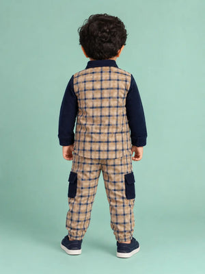 BloomUp Beige & Navy Checked Co-ord Set for Baby Boys – Full Sleeve Shirt & Cargo Jogger Pants Kids Outfit
