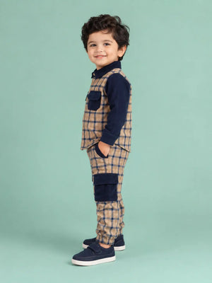 BloomUp Beige & Navy Checked Co-ord Set for Baby Boys – Full Sleeve Shirt & Cargo Jogger Pants Kids Outfit