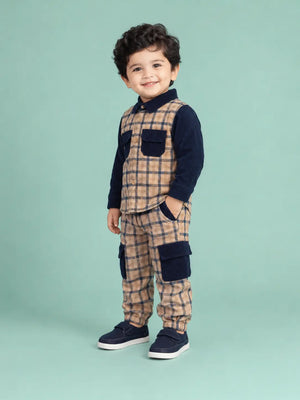 BloomUp Beige & Navy Checked Co-ord Set for Baby Boys – Full Sleeve Shirt & Cargo Jogger Pants Kids Outfit