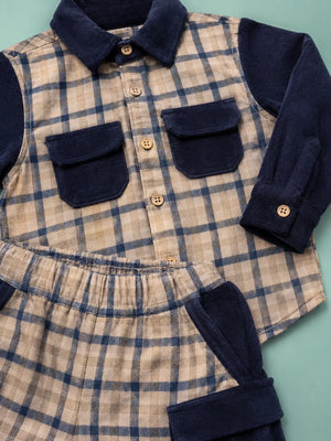 BloomUp Beige & Navy Checked Co-ord Set for Baby Boys – Full Sleeve Shirt & Cargo Jogger Pants Kids Outfit
