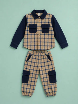 BloomUp Beige & Navy Checked Co-ord Set for Baby Boys – Full Sleeve Shirt & Cargo Jogger Pants Kids Outfit