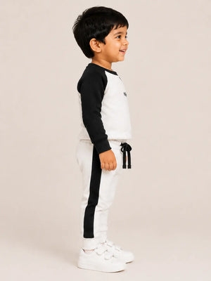 BloomUp Black & White Raglan Co-ord Set for Kids – Soft Cotton Casual Wear Sweatshirt & Jogger Outfit