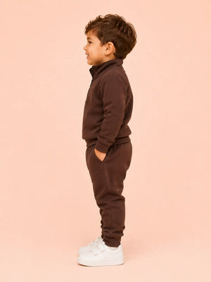BloomUp Chocolate Brown Track Co-ord Set for Baby Boys – Half Zip Sweatshirt & Jogger Pants Set