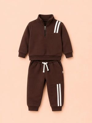 BloomUp Chocolate Brown Track Co-ord Set for Baby Boys – Half Zip Sweatshirt & Jogger Pants Set
