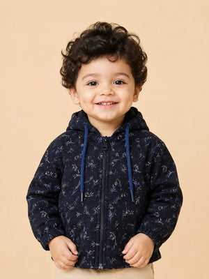 BloomUp Navy Blue Dinosaur Fossil Print Zip-Up Hoodie for Kids – Soft Winter Hooded Jacket for Baby Boys & Girls