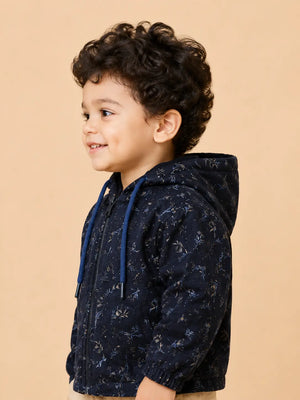 BloomUp Navy Blue Dinosaur Fossil Print Zip-Up Hoodie for Kids – Soft Winter Hooded Jacket for Baby Boys & Girls