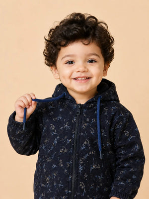 BloomUp Navy Blue Dinosaur Fossil Print Zip-Up Hoodie for Kids – Soft Winter Hooded Jacket for Baby Boys & Girls