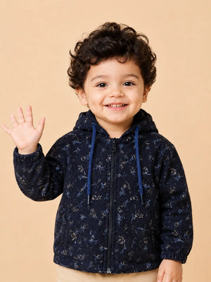 BloomUp Navy Blue Dinosaur Fossil Print Zip-Up Hoodie for Kids – Soft Winter Hooded Jacket for Baby Boys & Girls
