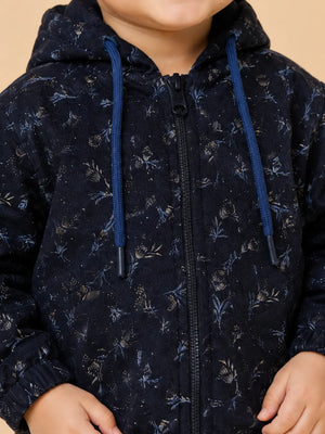 BloomUp Navy Blue Dinosaur Fossil Print Zip-Up Hoodie for Kids – Soft Winter Hooded Jacket for Baby Boys & Girls