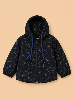 BloomUp Navy Blue Dinosaur Fossil Print Zip-Up Hoodie for Kids – Soft Winter Hooded Jacket for Baby Boys & Girls