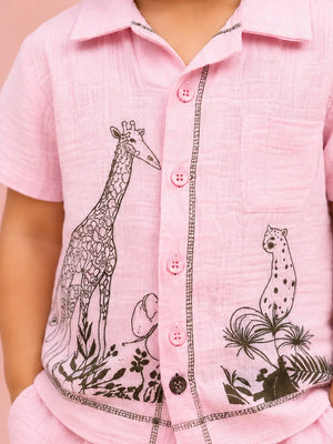 BloomUp Pink Safari Animal Print Shirt & Shorts Set for Toddlers – Soft Cotton Summer Outfit for Boys