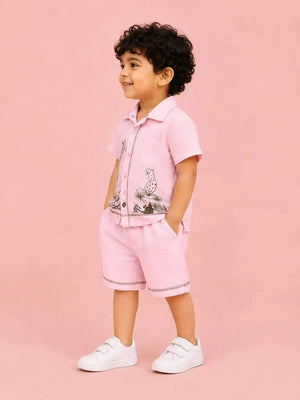 BloomUp Pink Safari Animal Print Shirt & Shorts Set for Toddlers – Soft Cotton Summer Outfit for Boys