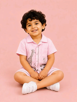BloomUp Pink Safari Animal Print Shirt & Shorts Set for Toddlers – Soft Cotton Summer Outfit for Boys