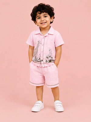 BloomUp Pink Safari Animal Print Shirt & Shorts Set for Toddlers – Soft Cotton Summer Outfit for Boys