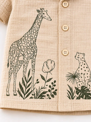 BloomUp Beige Safari Animal Print Shirt & Shorts Set for Toddlers – Soft Cotton Summer Outfit for Boys