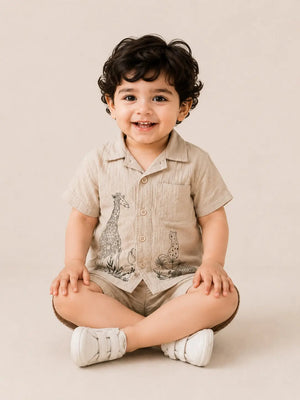 BloomUp Beige Safari Animal Print Shirt & Shorts Set for Toddlers – Soft Cotton Summer Outfit for Boys