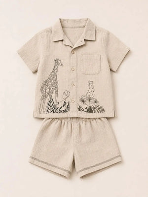 BloomUp Beige Safari Animal Print Shirt & Shorts Set for Toddlers – Soft Cotton Summer Outfit for Boys