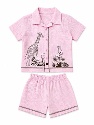 BloomUp Pink Safari Animal Print Shirt & Shorts Set for Toddlers – Soft Cotton Summer Outfit for Boys