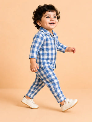 BloomUp Blue Checkered Night Suit Set for Kids – Soft Cotton Pajama Style Shirt & Pant Co-ord Sleepwear Outfit